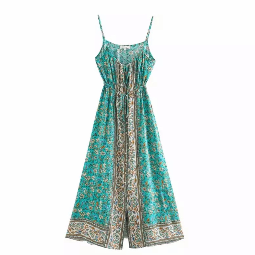 Gypsy Boho Floral Button Up Midi Dress Turquoise - Picture 3 of 7